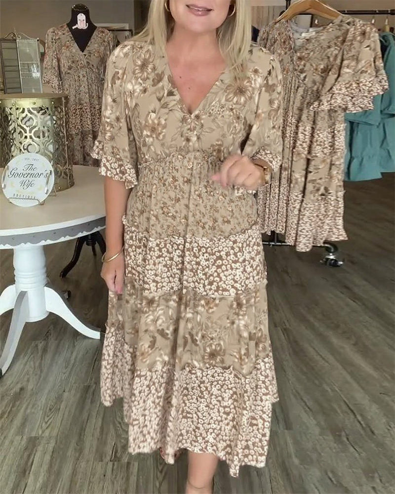 Jurk V-Hals Lotussmouwe Bloemig