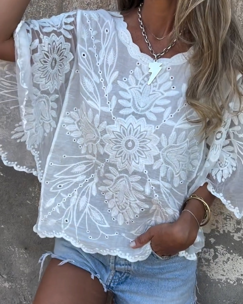 Blouse Vlindermouw Ronde Hals Geborduurd