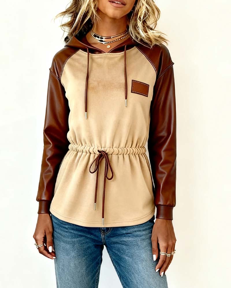 Sweatshirt met capuchon van PU-patchwork met lange mouwen