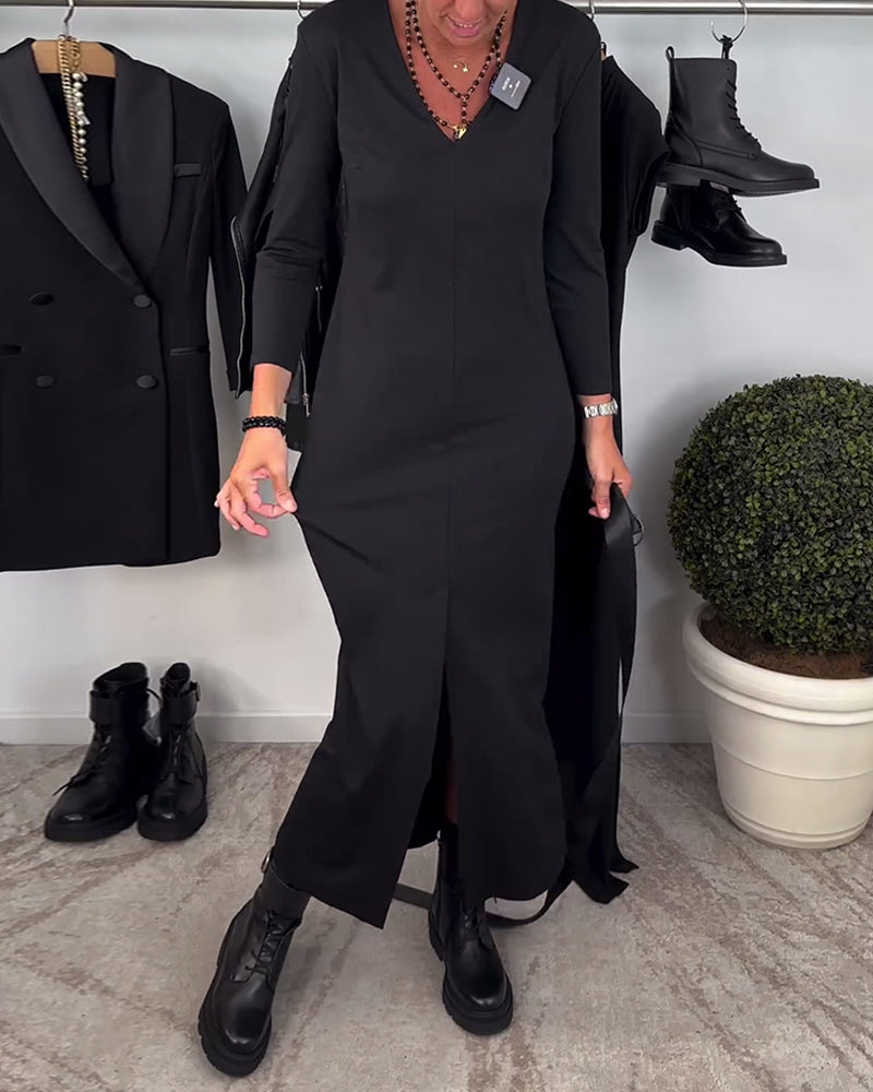 Mode effen kleur jurk met V-hals en split