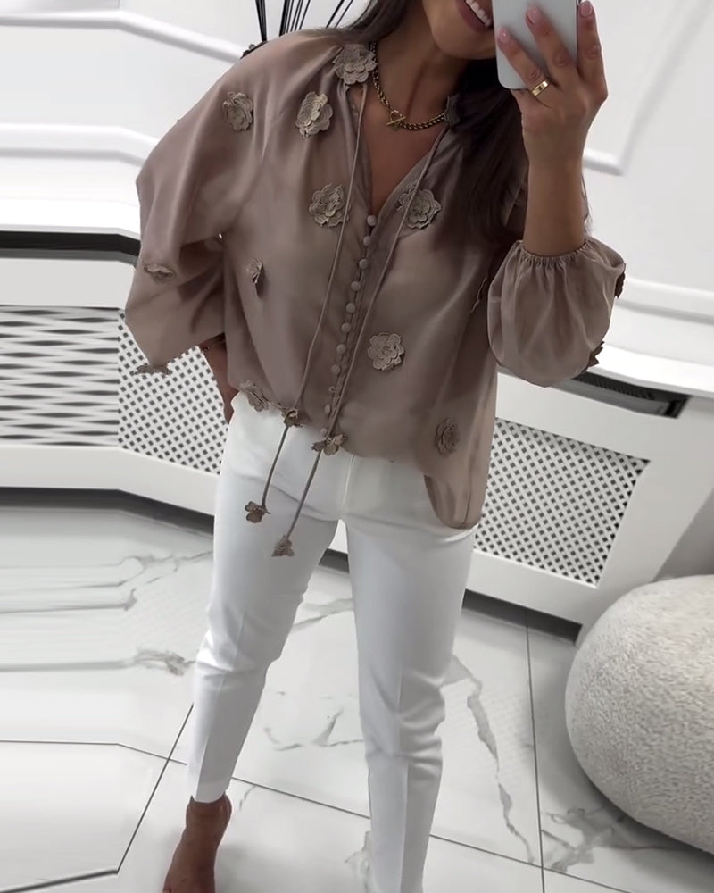 Blouse Effen Kleur 3D-Bloemen Met Vetersluiting