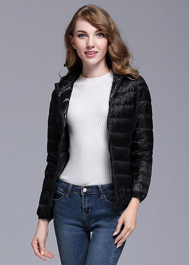 Lichte winterdonsjas met capuchon voor dames wit en zwart - opvouwbare donsjas