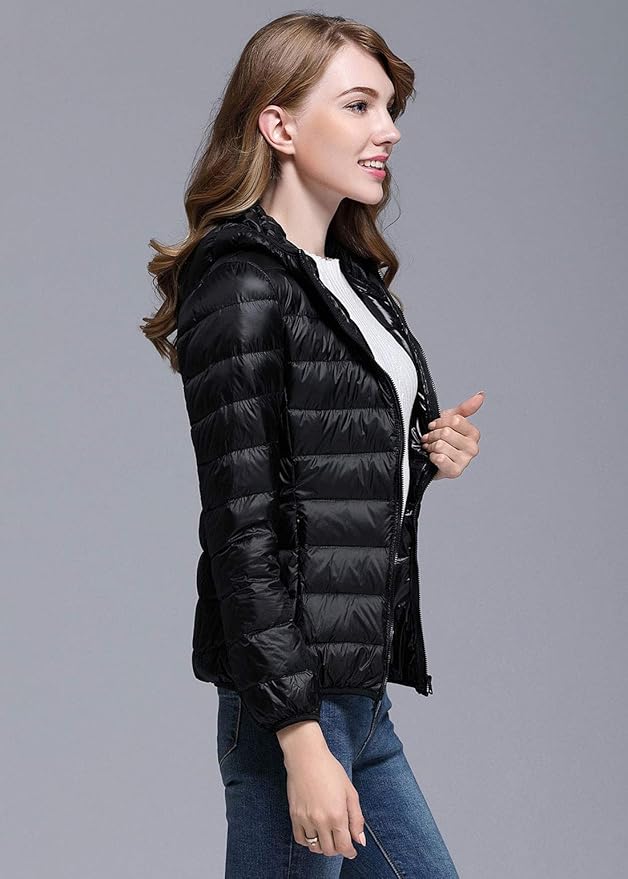 Lichte winterdonsjas met capuchon voor dames wit en zwart - opvouwbare donsjas