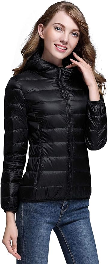 Lichte winterdonsjas met capuchon voor dames wit en zwart - opvouwbare donsjas