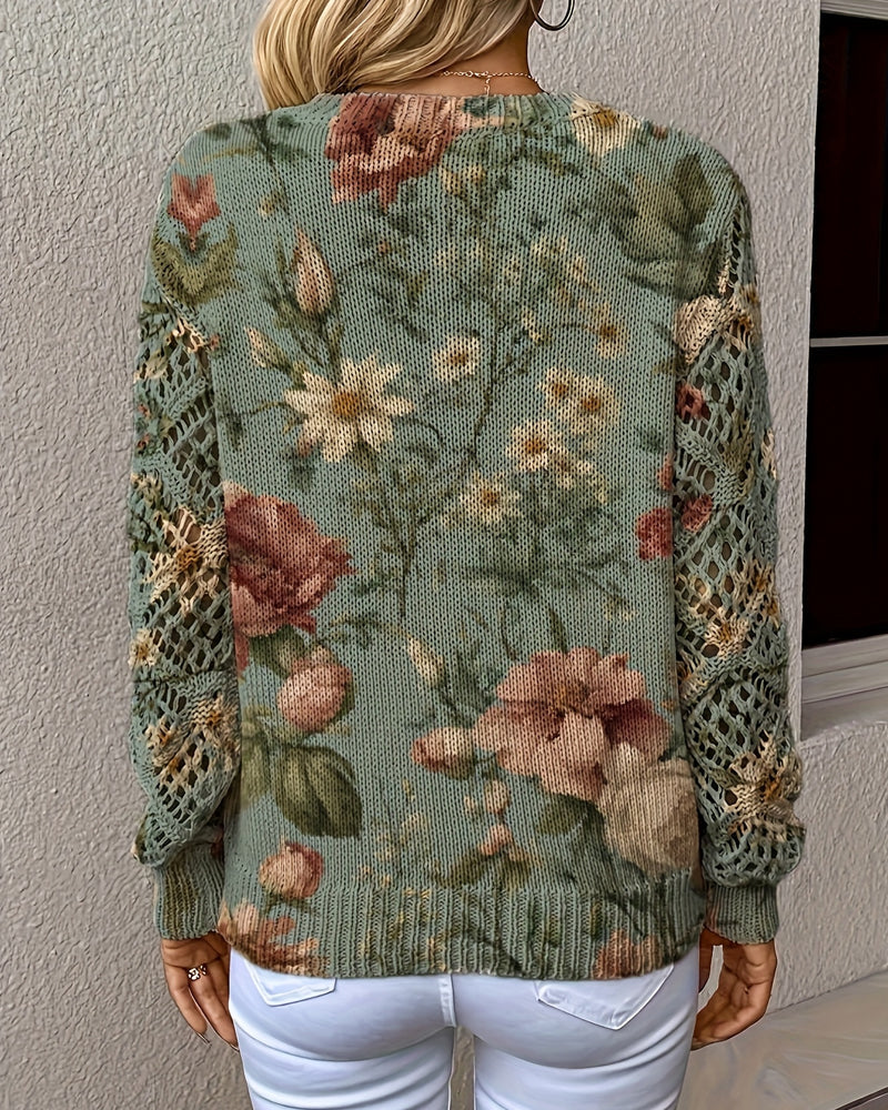 Pullover Jacquard V-Hals Hollow Lange Mouwen