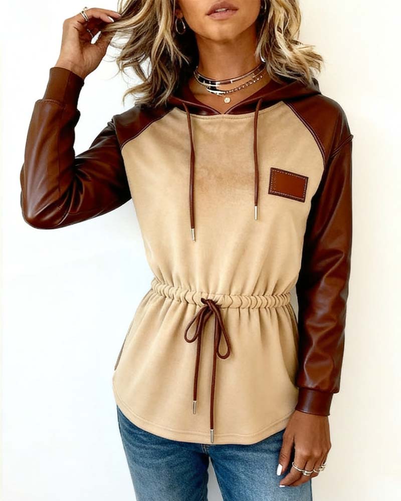 Sweatshirt met capuchon van PU-patchwork met lange mouwen