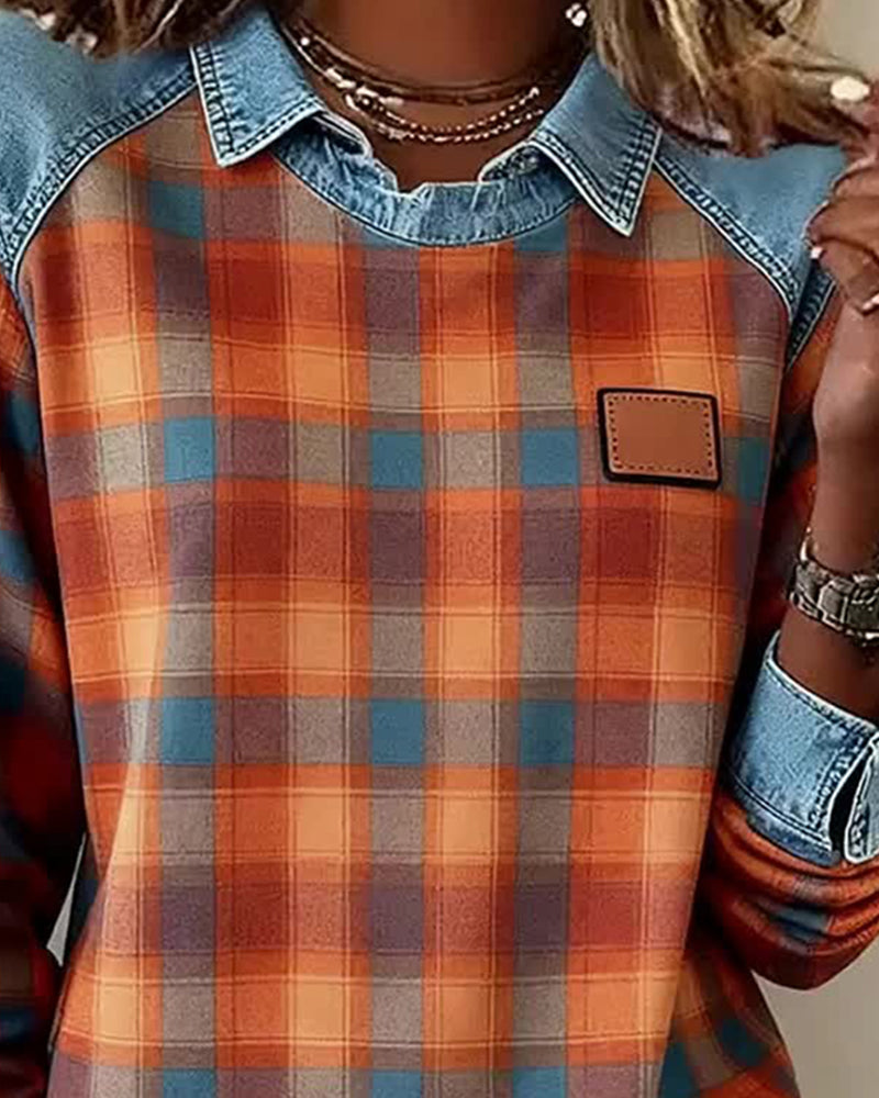 Sweatshirt Revers Ruit Denim Patchwork