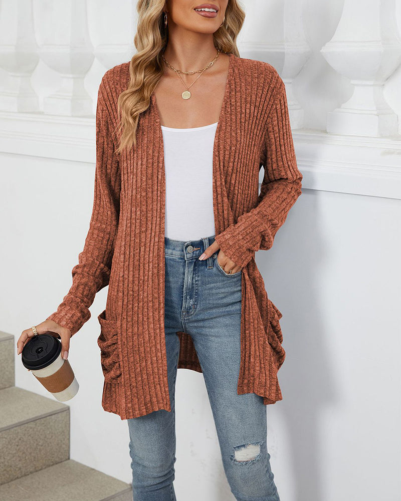 Casual effen kleur cardigan met lange mouwen en zak