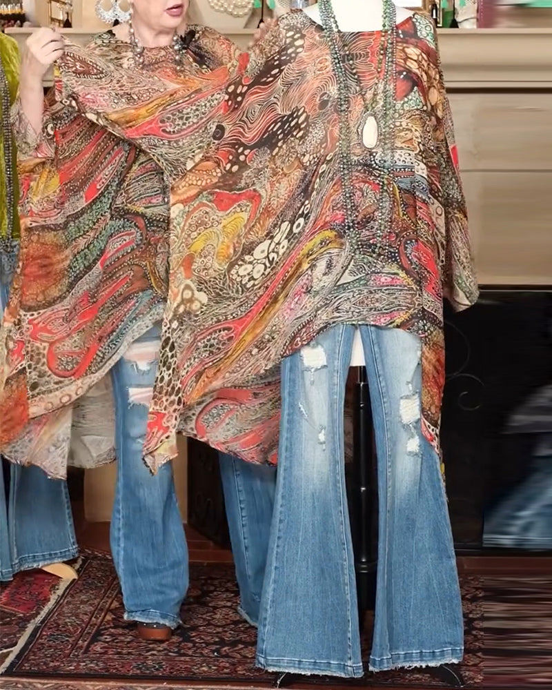 Blouse Wijde Vleermuismouw Print