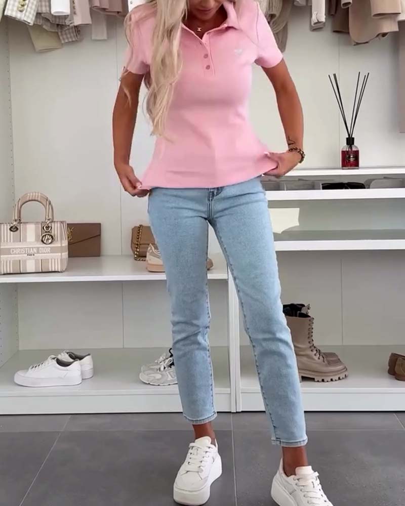 T-Shirt Revers Poloshirt Effen Kleur Slim Fit