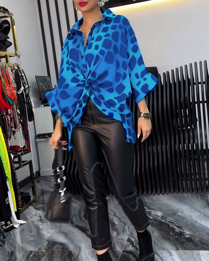 Temperamentblouse met revers en luipaardprint