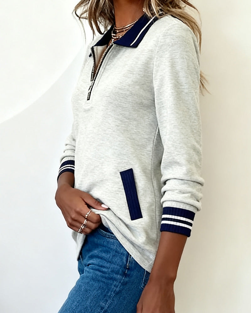 Oversized Sweatshirt Met Revers, Rits En Contrastkleur