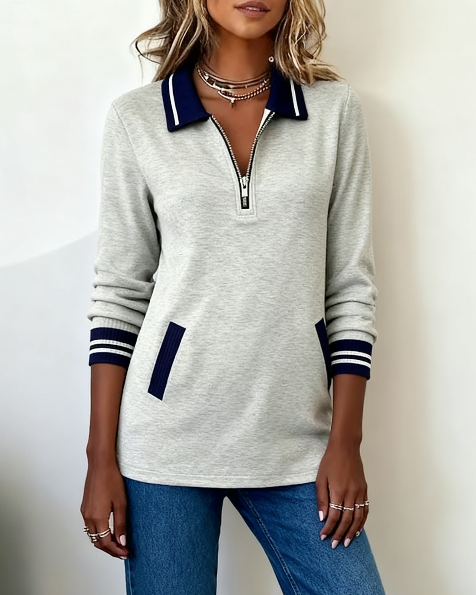 Oversized Sweatshirt Met Revers, Rits En Contrastkleur
