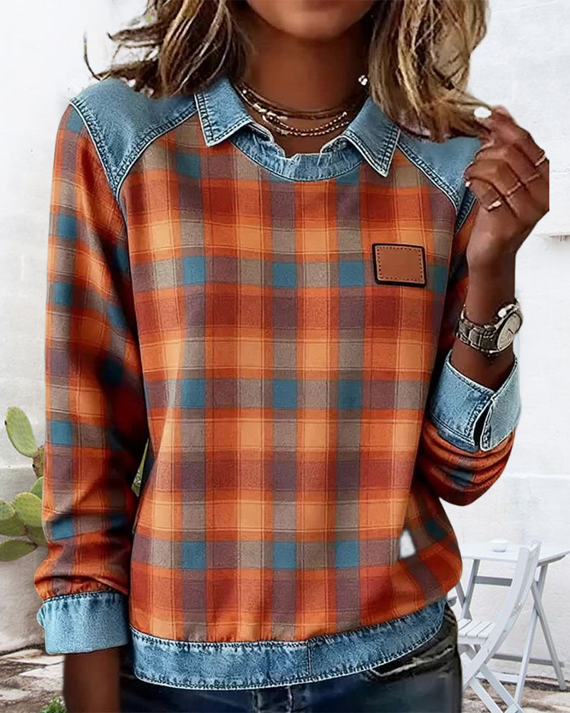 Sweatshirt Revers Ruit Denim Patchwork