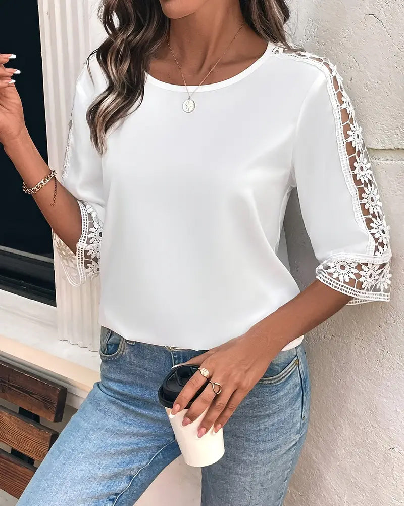 T-shirt Effen Kleur Hol Haak Patchwork