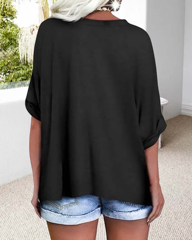 T-Shirt V-Hals Gerolde Zoom Korte Mouwen Wijd