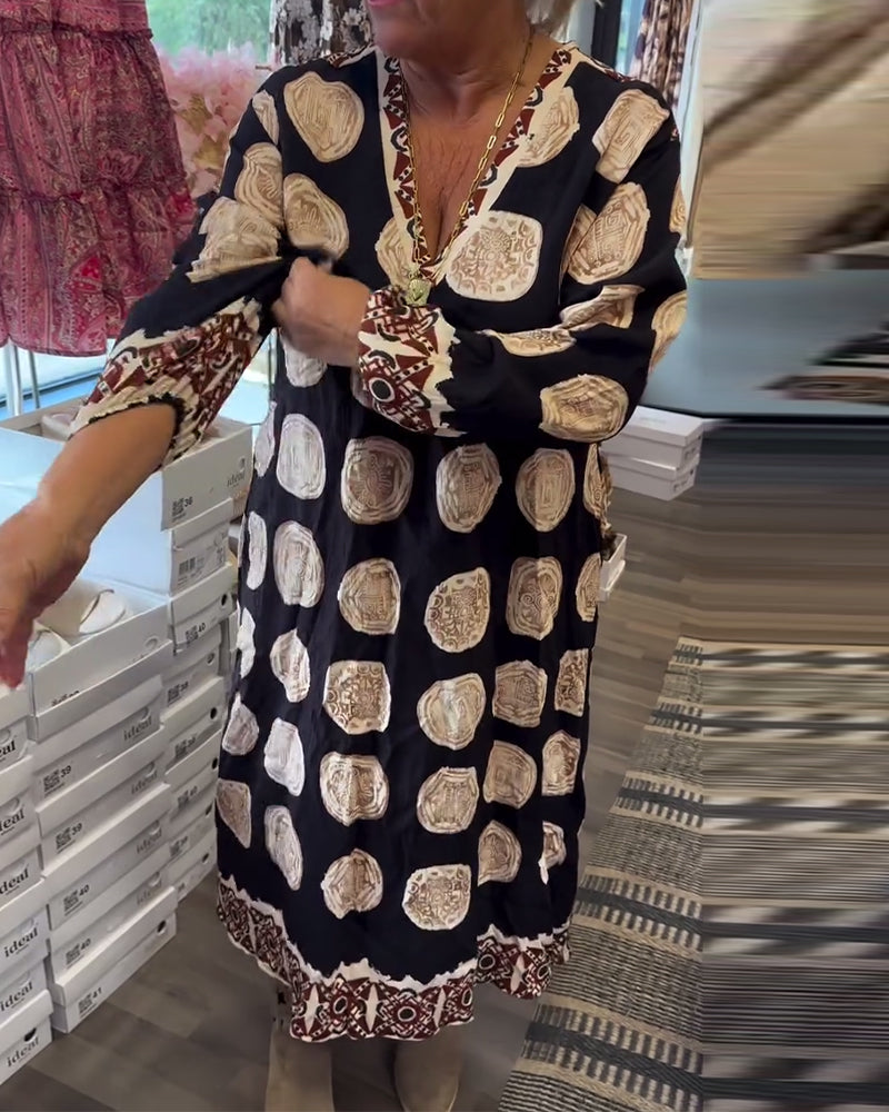 Jurk Lange Mouwen V-Hals Gedrukt