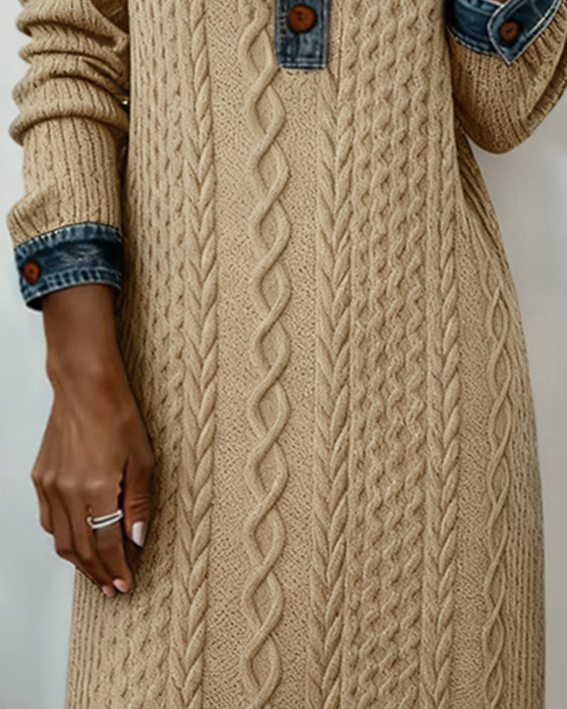 Jurk Met Kraag Van Denim, Kabelssteek En Patchwork