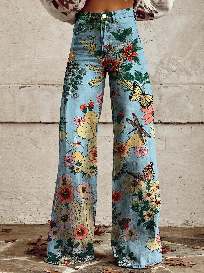 Brede been bloemenbroek - elegante denim onderstukken voor vrouwen