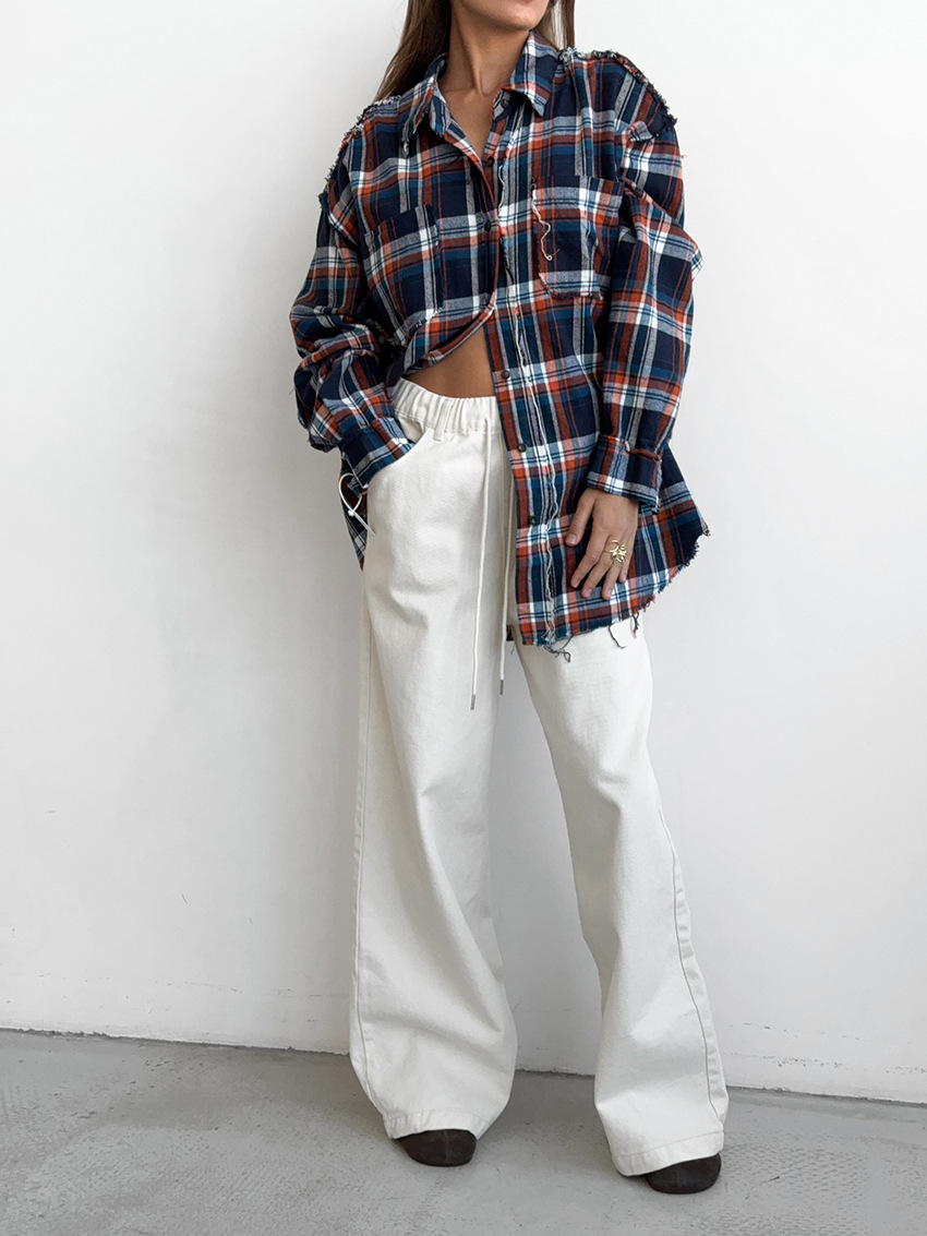 Dames hoge taille wijde pijpen broek - gezellige katoenmix wit casual chic