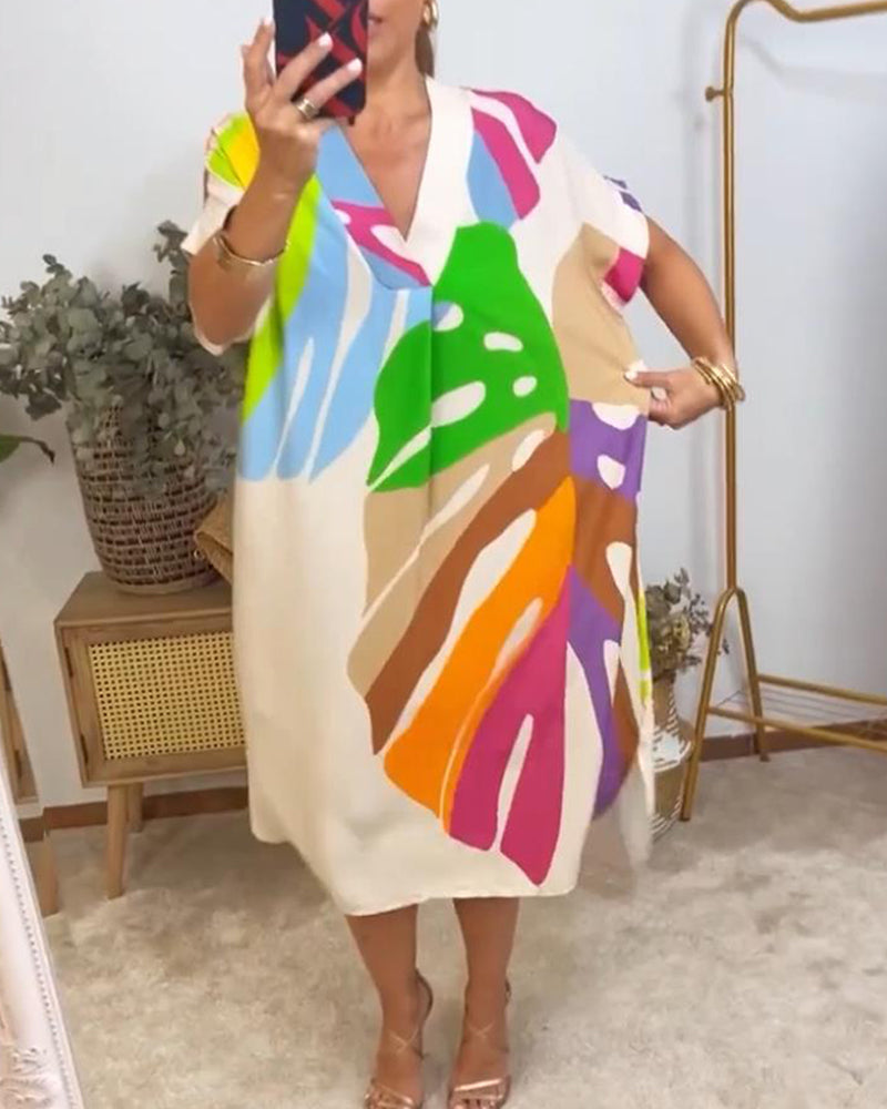Casual jurkje met kleurrijke bladprint