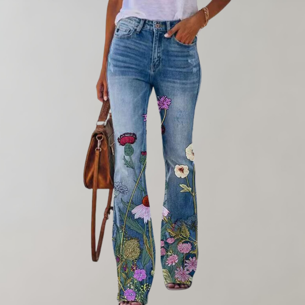 Florale flared jeans - stijlvolle damesjeans met een kleurrijk bloemenpatroon