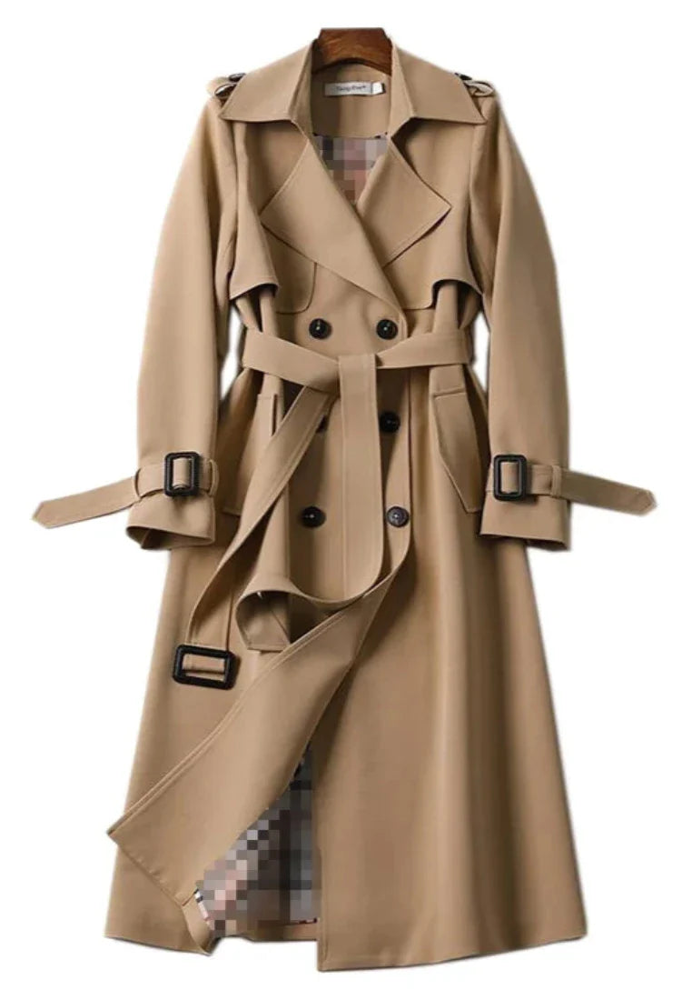 Trenchcoat met dubbele knopenrij voor dames - lange jas met ceintuur
