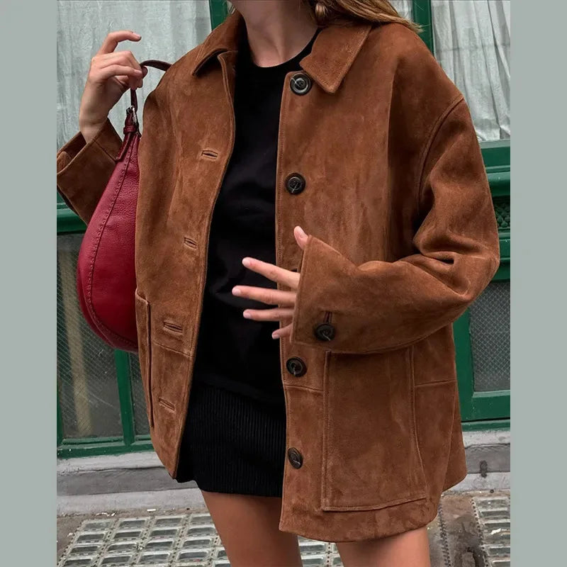 Bruine suède jas - trendy oversized damesouterwear