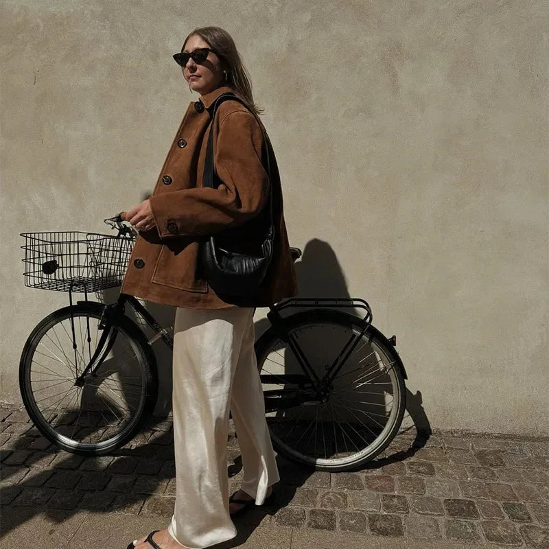 Bruine suède jas - trendy oversized damesouterwear