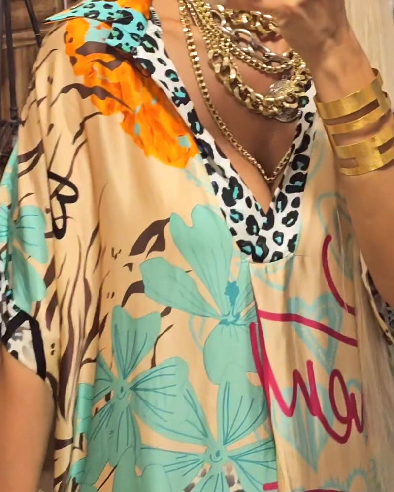 Casual jurk met diepe V-print en luipaardprint