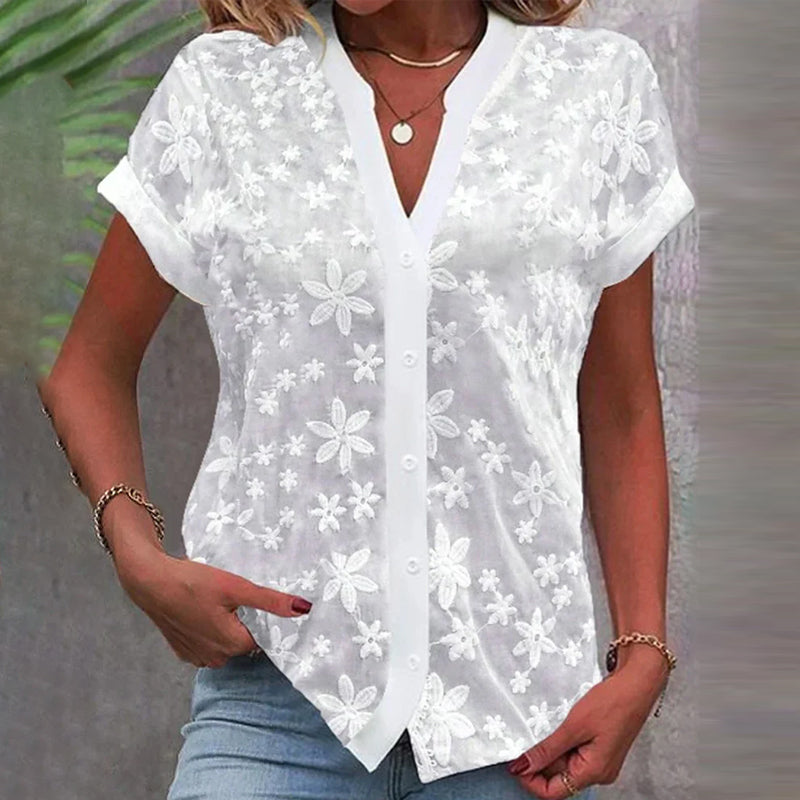 Blouse met korte mouwen en V-hals