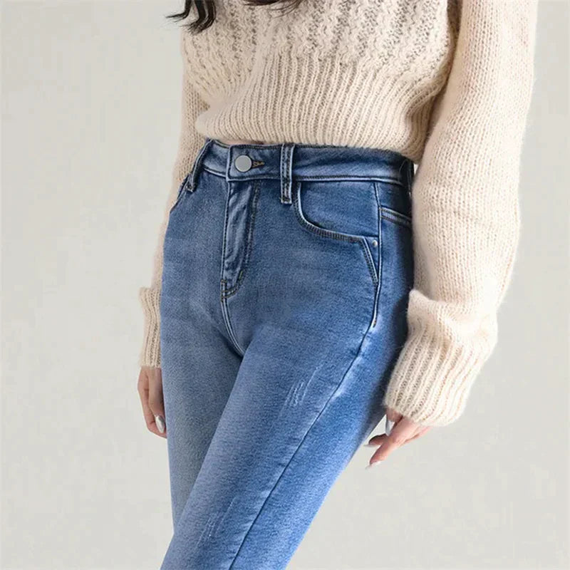 Vrouwen jeans met hoge taille en warme pluche binnenvoering - comfortabele skinny fit dames