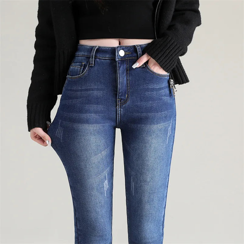 Vrouwen jeans met hoge taille en warme pluche binnenvoering - comfortabele skinny fit dames