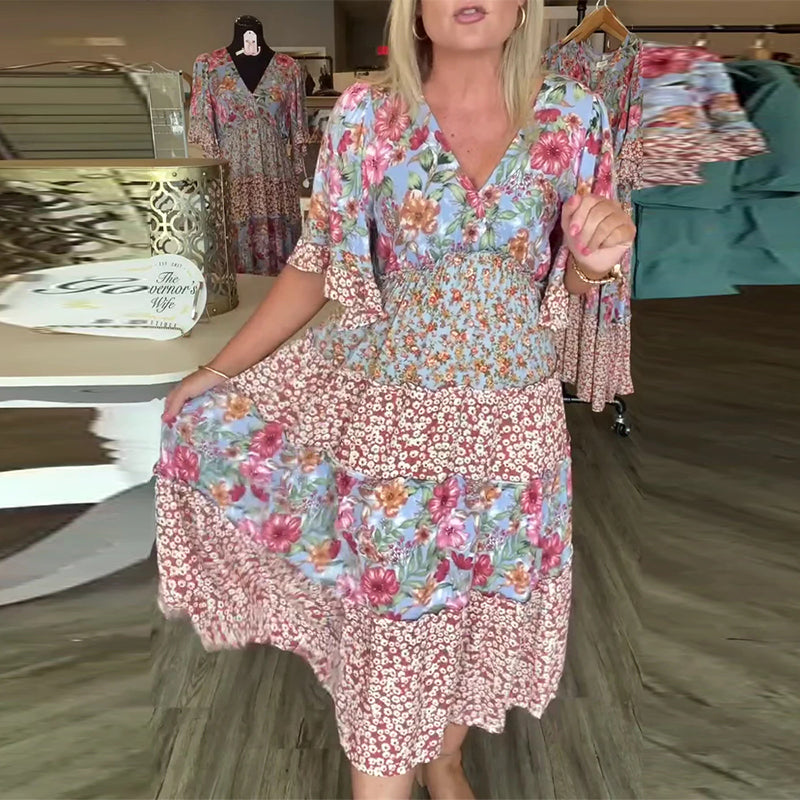 Jurk V-Hals Lotussmouwe Bloemig