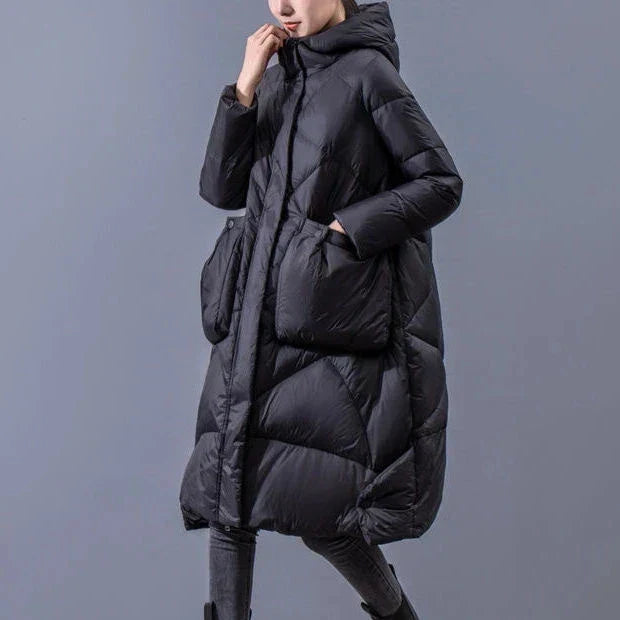 Gezellige winterjas - stijlvolle lange zwarte dames pufferjack