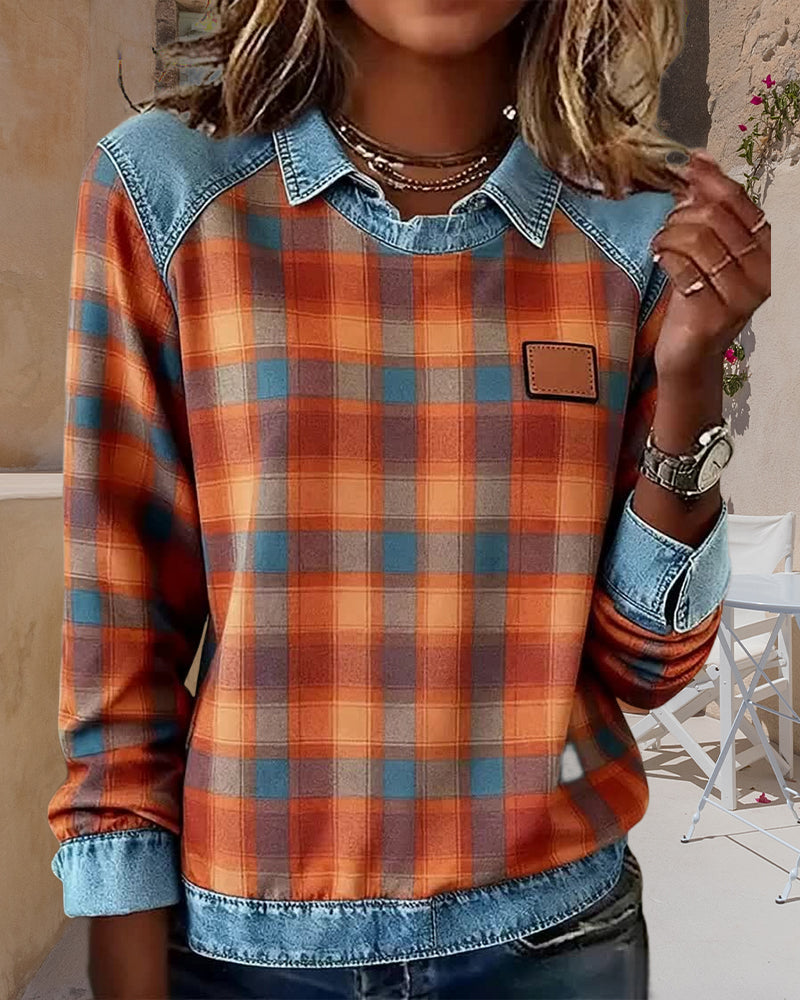 Sweatshirt Revers Ruit Denim Patchwork