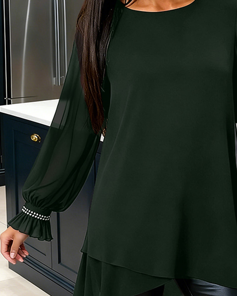 Blouse Gekraalde Poofmouw Ronde Hals