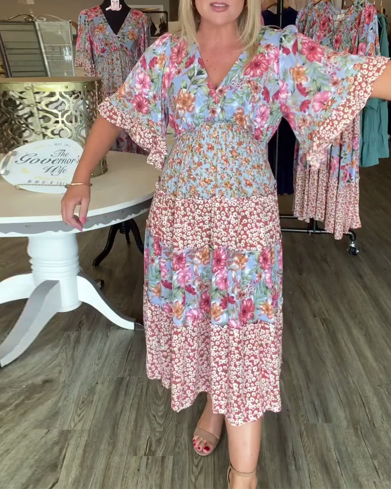 Jurk V-Hals Lotussmouwe Bloemig