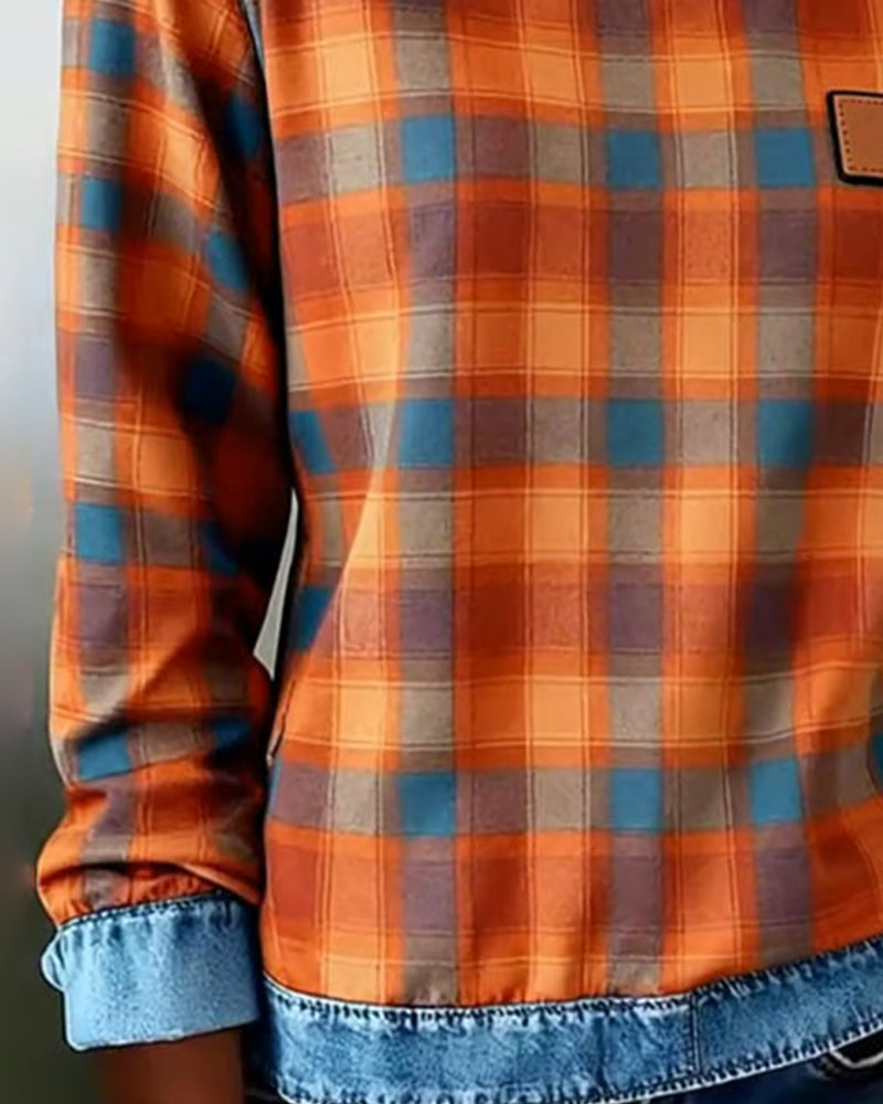 Sweatshirt Revers Ruit Denim Patchwork