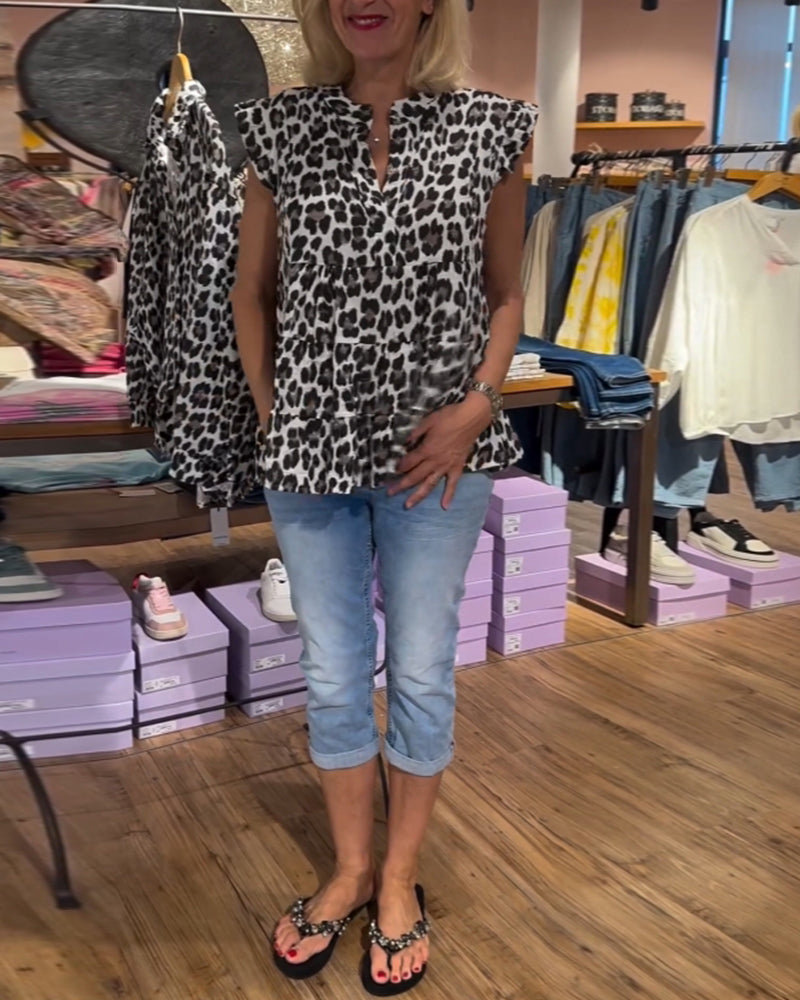 Casual top met patchwork en luipaardprint