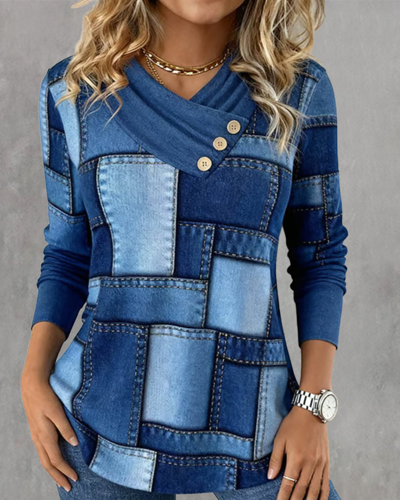 Langmouwige Top Met V-Hals En Effen Contrast