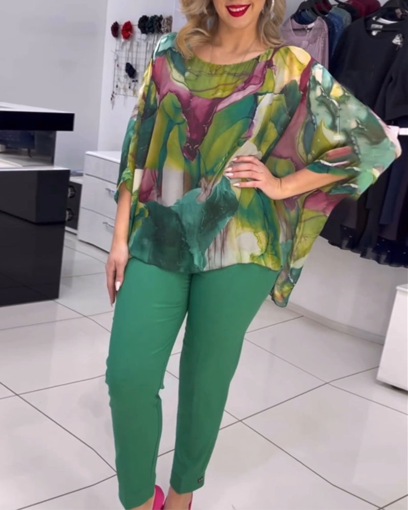 Blouse met ronde hals en vleermuismouwen met print