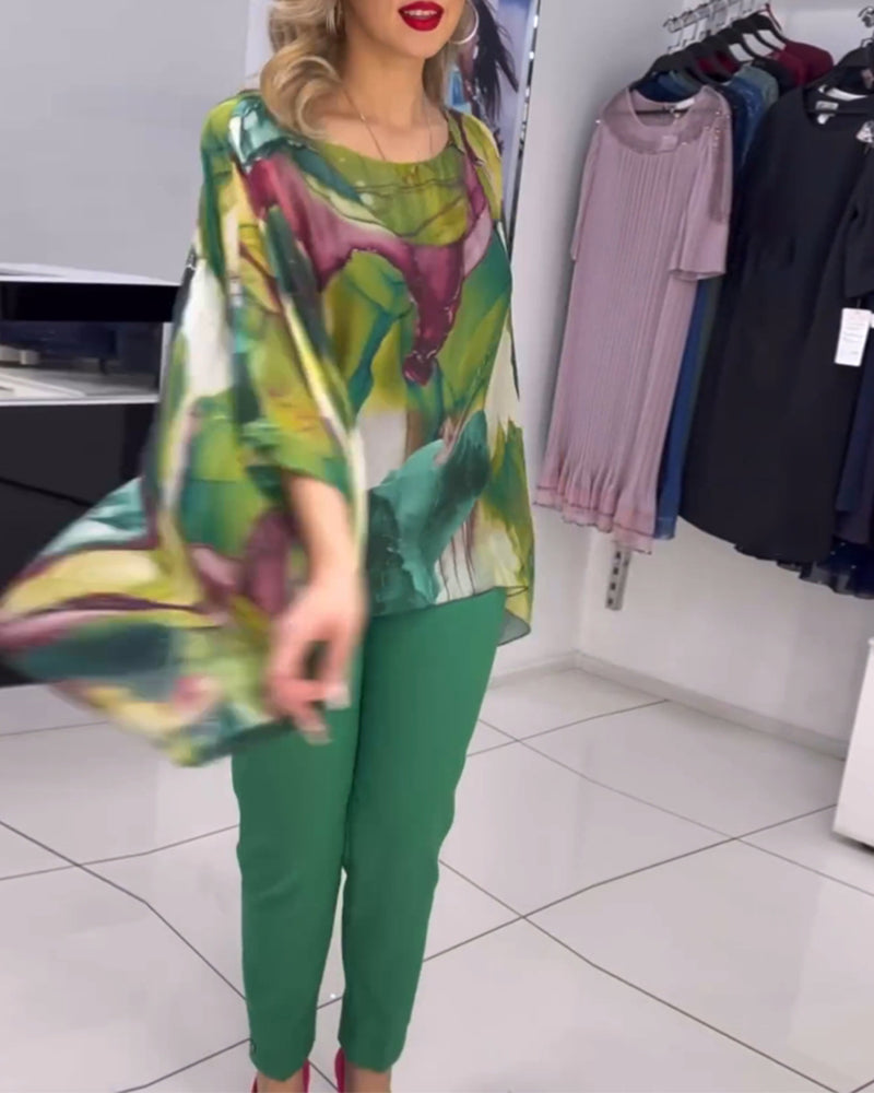 Blouse met ronde hals en vleermuismouwen met print