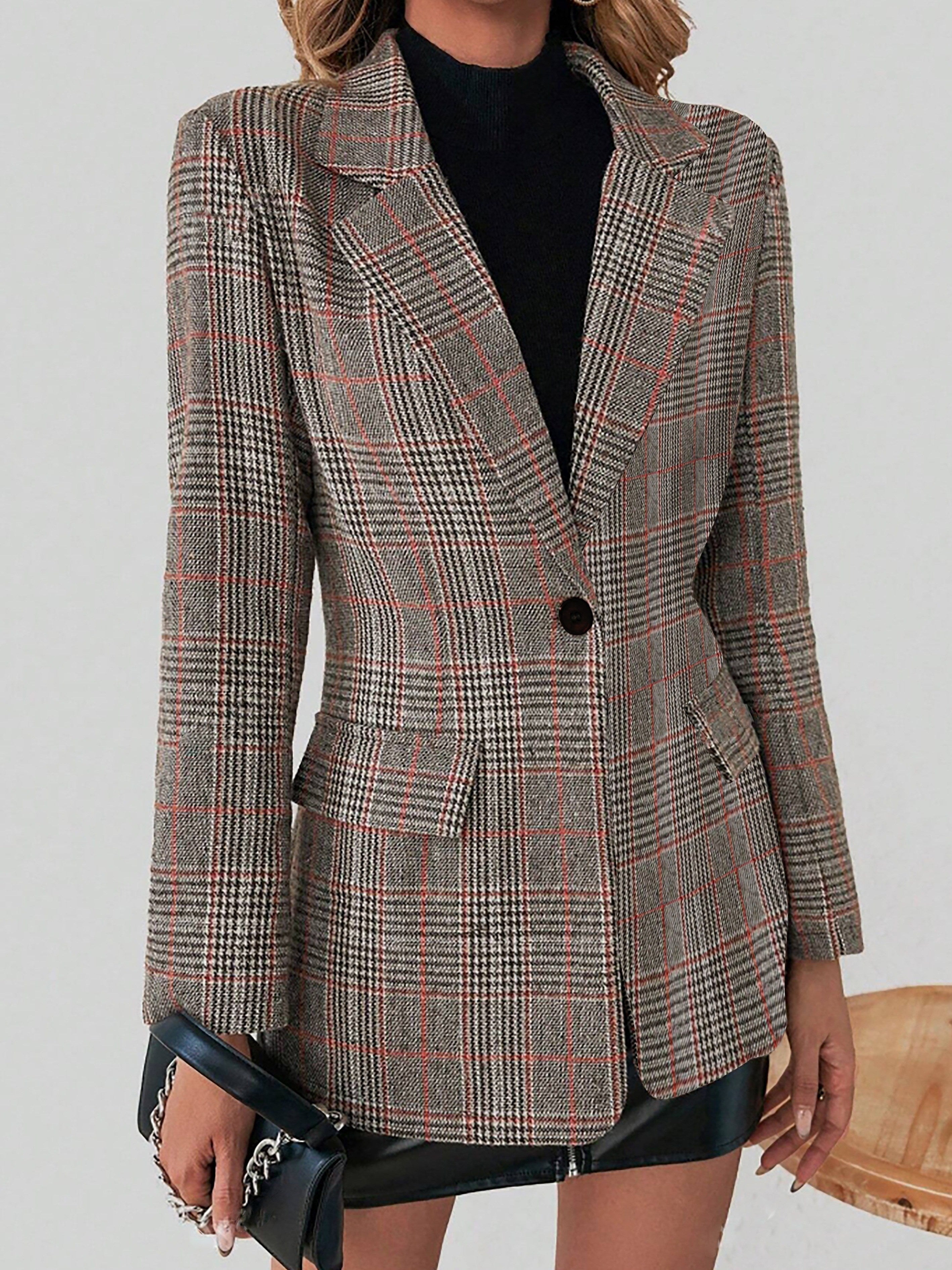 Dames bruine geruite blazer, tailored fit - chique layering jasje van kwaliteit stof