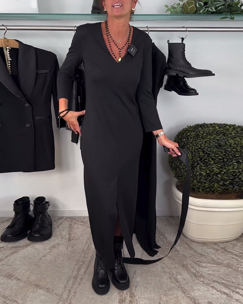 Mode effen kleur jurk met V-hals en split