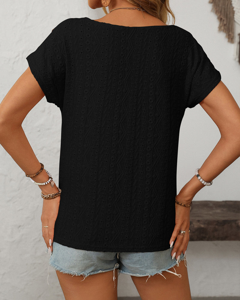 Blouse Ronde Hals Knop Uitsnijding Korte Mouwen