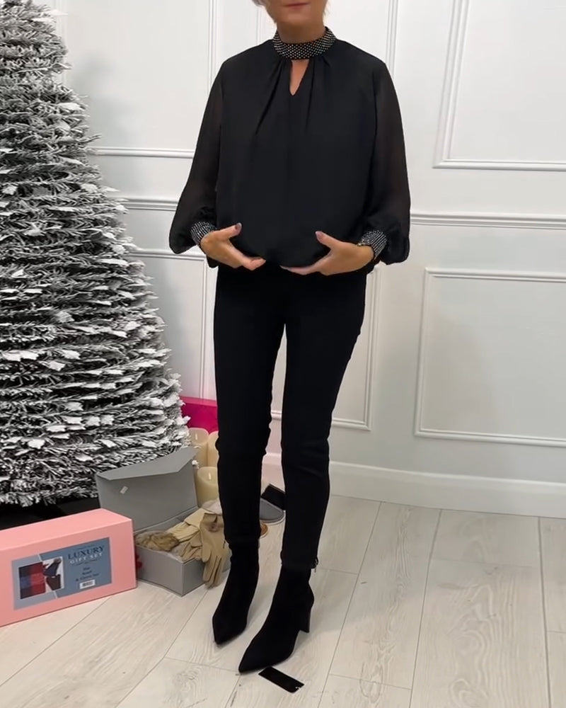 Mode effen kleur blouse met staande kraag patchwork en holle