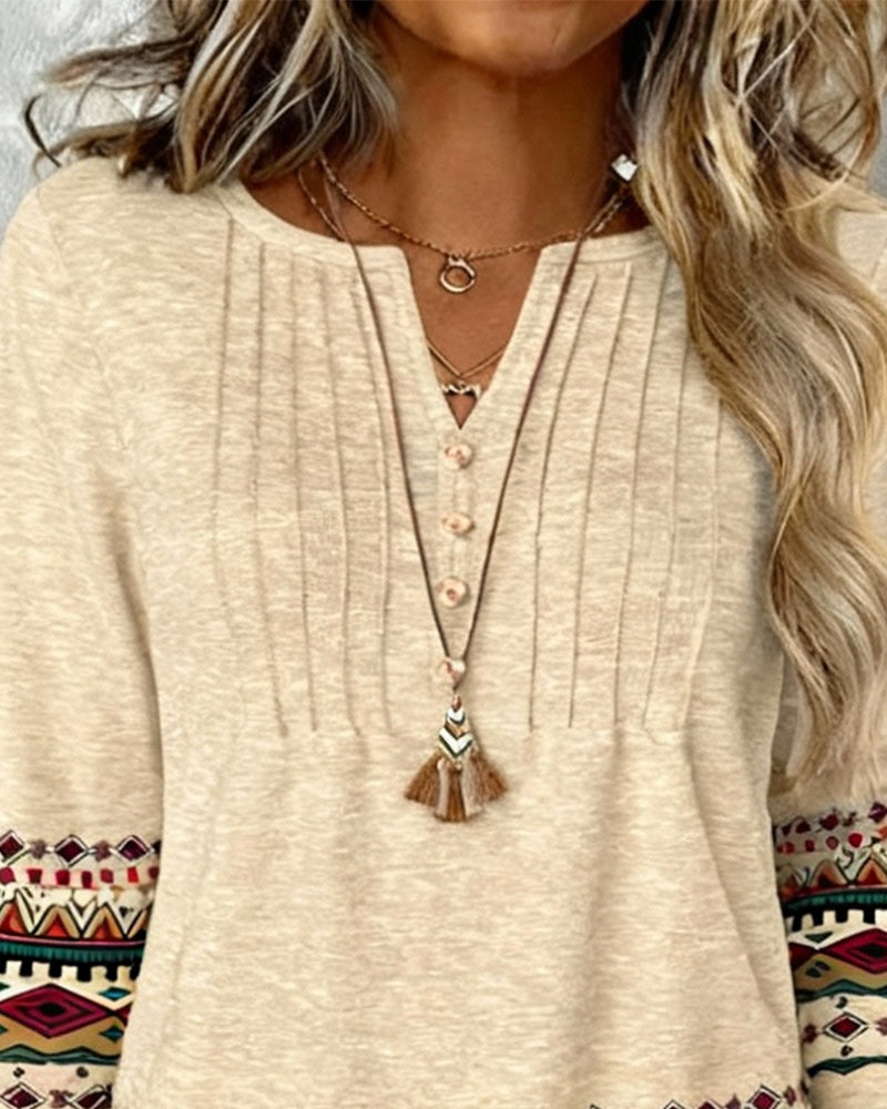 Langmouwige Gedrukte Top Met V-Hals