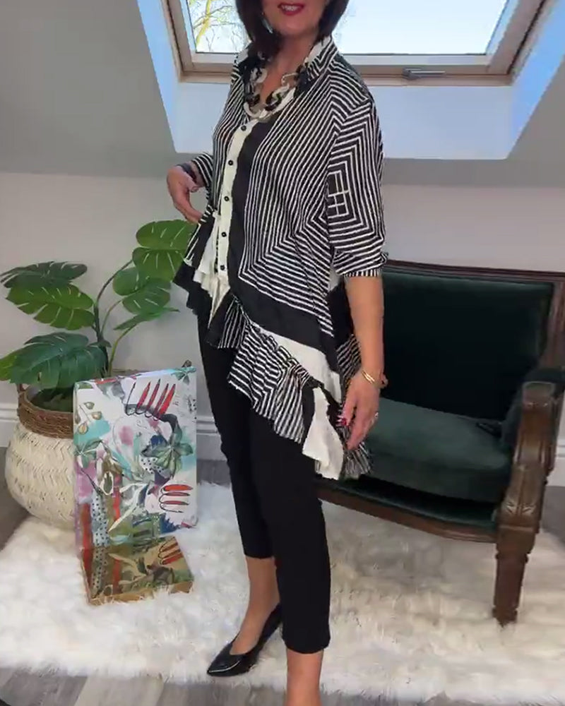 Modieus overhemd met onregelmatige patchwork-knopen en print