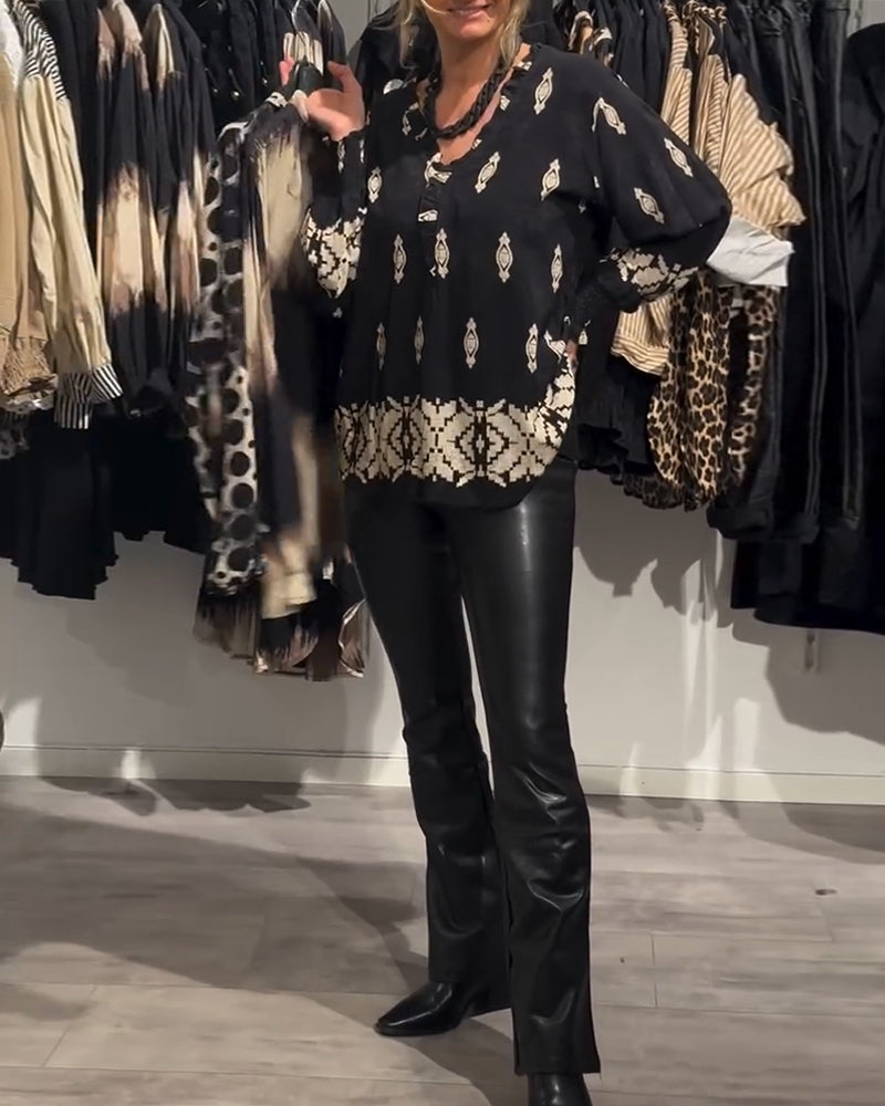 Shirt v-hals lantaarnmouw bedrukt